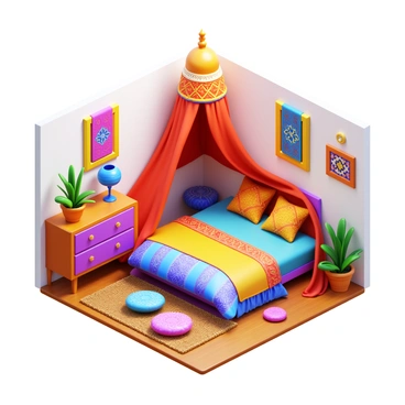 A bohemian-style bedroom featuring colorful textiles draped over the bed and furniture. There is a large, ornate hanging canopy above the bed, creating a cozy and inviting atmosphere. The room is adorned with a variety of decorative pillows in vibrant patterns and colors. A woven rug lies on the floor, complementing the overall aesthetic. Potted plants are scattered throughout the space, adding a touch of greenery. The walls are decorated with art pieces and tapestries that enhance the bohemian theme.