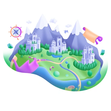 A whimsical map chart of a fantasy land. The map features several prominent mountains, each with unique shapes and intricately drawn peaks, depicted in pastel colors. Nestled between the mountains are lush, green forests, filled with dense trees and meandering paths. Scattered throughout the landscape are various castles, each showcasing distinct architectural styles, with tall towers and flags fluttering in the breeze. Small rivers and lakes can be seen flowing through the area, adding to the charm of the map. In the corners are decorative compasses and scrolls, enhancing the fantasy theme of the illustration.