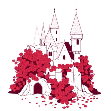 A white castle stands majestically, its tall spires reaching towards the sky. The structure is enveloped in a thick tangle of blooming red roses, their vibrant colors contrasting beautifully against the pale stone of the castle. Vines laden with blossoms creep up the walls and wrap around the turrets, creating an enchanting scene. The castle's windows are darkened, hinting at its slumber under a mysterious spell. A calm atmosphere surrounds the castle, with petals gently falling from the roses, adding to the magical ambiance.