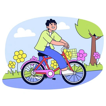 A slowboy with a cheerful expression is riding a bicycle. The bicycle has a classic design with a bright red frame and a comfortable seat. He is wearing a light green shirt and denim shorts. The path he is riding on is lined with vibrant flowers in various colors, including yellow, pink, and purple. Sunlight filters through the trees above, casting dappled shadows on the ground. The scene conveys a sense of calm and tranquility.