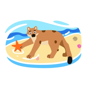 A puma with a light brown coat and distinct black spots is playing with a bright orange starfish on a sandy beach. The puma gently bats at the starfish with its paw, creating splashes of clear water around it. The shallow water reflects the sunlight, creating shimmering patterns on the sand. In the background, gentle waves roll onto the shore, and a few seashells are scattered along the beach. The sky is painted with soft blue hues, indicating a clear and sunny day.