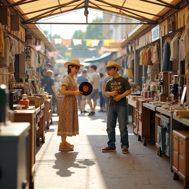 A bustling flea market filled with various stalls and tables displaying an array of vintage items. In the foreground, two shoppers are engaged in a lively exchange, one is a middle-aged woman wearing a floral dress and a sun hat, holding a retro vinyl record, while the other is a young man with a graphic t-shirt and jeans, inspecting an antique camera. The background features colorful banners and other shoppers browsing through eclectic items such as old furniture, vintage clothing, and collectible memorabilia. Sunlight filters through the market awning, casting dappled shadows on the ground.