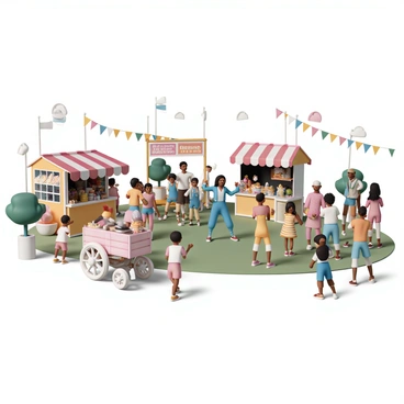 A bustling community festival taking place in a park, filled with colorful decorations and banners. Various performers are entertaining the crowd, including a lively juggler dressed in a bright blue outfit and a group of dancers in vibrant costumes. There are several food stalls, each with distinct designs, featuring a variety of cuisines. One stall has a red and white striped awning, offering freshly cooked popcorn, while another has a wooden cart filled with colorful fruits. Families and friends are gathered around, enjoying the festivities, with children laughing and playing nearby.