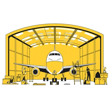 A large hangar filled with intricate machinery and tools. In the center, there is a Boeing 727 with its fuselage prominently displayed. The aircraft is primarily white, with black accents outlining its shape. Several mechanics, wearing uniforms and safety gear, are working diligently on the plane. One mechanic is standing on a ladder, inspecting the wing, while another is checking the engine compartment. Additional tools and equipment are scattered around the hangar, adding to the industrious atmosphere. The high ceilings of the hangar provide ample light, illuminating the scene.