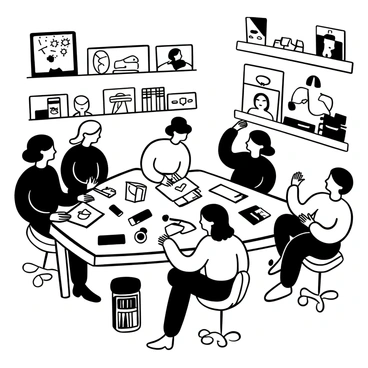 A group of students gathered around a large table covered with various art supplies. Each student is focused on their own canvas, illustrating expressive portraits. Some students are discussing techniques and sharing tips with one another. There are sketchbooks, charcoal sticks, and brushes scattered across the table. In the background, shelves are filled with completed portraits and reference materials. A warm light fills the room, creating an inviting atmosphere for creativity.