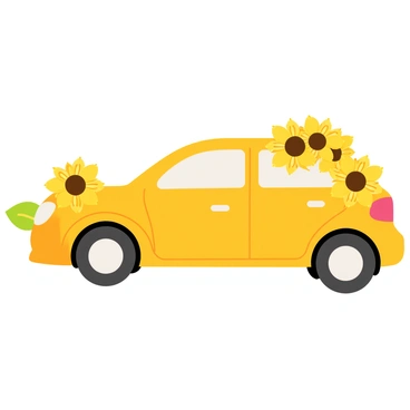 A car featuring a bright display of "sunflowers" adorning both the front and back. The "sunflowers" have large yellow petals and brown centers, their vibrant colors contrasting against the car's surface. The front of the car showcases a cluster of "sunflowers" arranged in a way that they appear to be blooming towards the windshield. The rear of the car has an assortment of "sunflowers" artfully placed, with some leaning slightly towards the side, creating a harmonious and lively appearance.