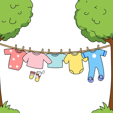 A vibrant clothesline stretched between two trees, adorned with a collection of tiny baby clothes and socks. The clothesline is brimming with cheerful colors, featuring small shirts in pastel shades of pink, blue, and yellow, each with playful patterns like polka dots and stripes. Tiny socks dangle from the line, some with little animal designs and others with bright, contrasting colors. The trees surrounding the clothesline have lush green leaves, and the sun shines down, casting soft shadows on the ground below, making the scene feel lively and inviting.