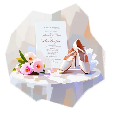 A wedding invitation featuring a design inspired by ballet. The invitation includes an elegantly arranged pair of "pointe shoes" placed gracefully on a soft surface. Surrounding the shoes are delicate layers of "tulle", which create a light and airy effect. The overall composition is enhanced with floral accents, including soft pastel flowers that complement the ballet theme. "Elegant script" text is featured prominently on the invitation to convey the details of the wedding.