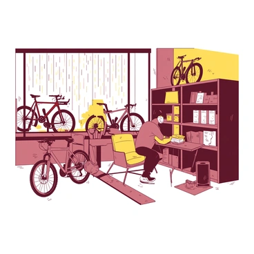 The interior of a bicycle shop features a variety of bicycles, including mountain bikes and road bikes, arranged neatly along the walls. "Raindrops" slide down the large window, creating a blurred view of the outside where rain is falling steadily. Inside, warm yellow lighting casts a cozy glow, illuminating the rich textures of wooden shelves that hold bike accessories and gear. A small seating area with two comfortable chairs is positioned near the window, inviting customers to sit and enjoy the atmosphere. A bike mechanic is working on a bike in the corner, focused and engaged in his craft.