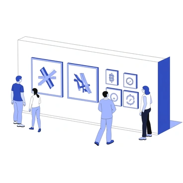 An art gallery wall is adorned with multiple framed illustrations, each featuring a different hashtag. Each frame is evenly spaced along the wall, with a clean and minimalist style. The illustrations vary in design, with some incorporating bold typography and others using intricate line art elements to creatively express the hashtags. The background of the wall is plain, allowing the framed works to stand out. The floor beneath is polished, reflecting the frames slightly, and there are subtle shadows cast by the frames on the wall. Visitors can be seen admiring the artwork, engaging in conversation about the meanings of the hashtags.