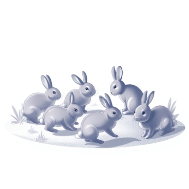 A group of rabbits is gathered together on a field. The rabbits are various sizes and shapes, with long ears and fluffy tails. They are engaged in playful activities, such as hopping, chasing, and nibbling on grass. The ground features patches of various plant life, providing a textured surface for their frolicking. In the background, a gentle horizon line defines the landscape, suggesting an expansive area for their play.