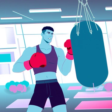 A boxer practicing jabs and hooks with a punching bag in a gym