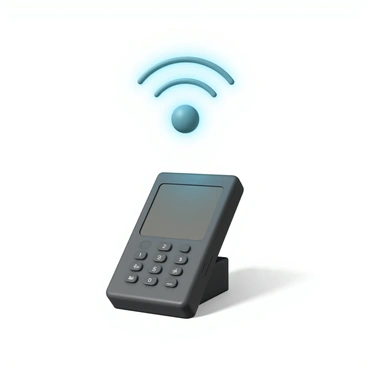 A 3D phone handset, sleek and modern in design, is positioned at the center of the image. The handset is a glossy black color with detailed buttons and a prominent screen. Above the handset, a glowing signal icon emits a soft blue light, radiating from a circular base. The signal icon features three curved lines that progressively increase in size, indicating connectivity. The background is plain, emphasizing the handset and the glowing icon.
