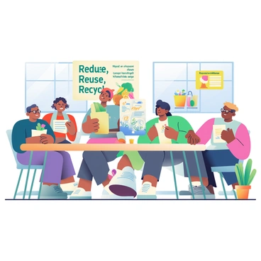 A community workshop is taking place in a well-lit room with large windows. Several individuals of diverse backgrounds are gathered around a long wooden table covered with materials related to recycling. There are colorful pamphlets and a large poster on the wall with the words "Reduce, Reuse, Recycle" prominently displayed. Participants are actively engaged, some holding up examples of recycled materials, while others are taking notes. A woman with curly hair is demonstrating how to create compost from kitchen scraps, while a man with glasses explains the importance of reducing soil pollution using a flip chart. Potted plants are placed around the room, and there is a cheerful atmosphere as people share ideas and ask questions.