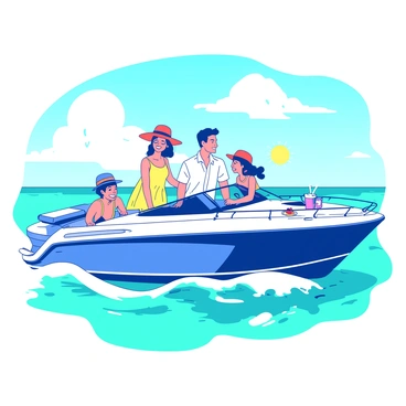 A blue motor yacht is cruising through clear turquoise waters under sunny skies. On the deck, a family of four is gathered, all wearing bright summer outfits. The father is wearing a white shirt with rolled-up sleeves, while the mother is dressed in a vibrant yellow sundress. Two children, a boy and a girl, are playfully leaning over the side, both wearing colorful hats. Everyone has wide smiles on their faces as they enjoy the warm sun and gentle breeze. The yacht is adorned with white cushions and a small table with refreshments, adding to the cheerful atmosphere of their vacation.