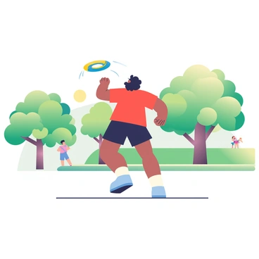 A person with dark hair is throwing a frisbee in a park with a dynamic spin motion. The frisbee is brightly colored, featuring a combination of blue and yellow. The person is wearing a red t-shirt and black shorts, with their right arm extended outward, releasing the frisbee into the air. In the background, there are green trees with lush foliage and a well-maintained grassy field. The sun is shining, casting soft shadows on the ground, and a few people can be seen enjoying the park in the distance.