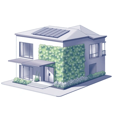A building featuring a vertical garden wall, which is lush and filled with a variety of plants and greenery. The structure has large windows that emphasize natural light and an eco-friendly roof designed for rainwater collection. Sustainable design elements include solar panels placed on the roof and a prominent entrance with a wooden door and large glass panels. The overall architecture is modern, with clean lines and an emphasis on integrating nature into the urban environment.