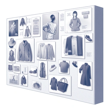 A wall filled with a variety of posters and cutouts showcasing both current and past fashion trends. The posters display models wearing a range of outfits, from vintage styles to contemporary designs, highlighting different textures and silhouettes. Cutouts include accessories such as hats, shoes, and bags that reflect various fashion movements over the years. The arrangement of these items creates an eclectic and visually rich collage, overlapping slightly in some areas, and includes text with fashion-related quotes and branding. The overall composition presents a dynamic view into the evolution of fashion.