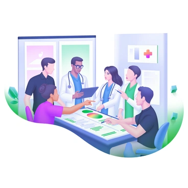 A diverse team of healthcare professionals is gathered around a large table. The group includes individuals of different ethnic backgrounds, genders, and ages. One member, a middle-aged woman wearing glasses, points to a medical chart laid out on the table. Another professional, a young man in blue scrubs, listens intently while taking notes on a tablet. A woman in a white lab coat stands beside them, holding a pen and looking thoughtful. Nearby, a man in a black polo shirt leans forward, contributing to the discussion. The background features a softly lit room, with medical posters on the walls and a plant in the corner, creating a collaborative atmosphere.