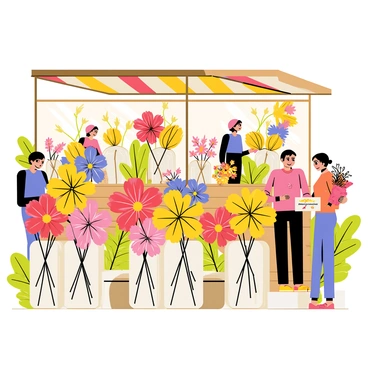 A vibrant flower market stall filled with an array of native Australian flowers. The stall has a wooden structure with a colorful awning overhead. Various flowers, such as bright yellow wattles, deep red waratahs, and delicate pink banksias, are arranged in large, clear vases. Green foliage accents the flowers, adding lushness to the display. Customers browse the stall, some holding small bouquets, while others admire the beautiful blooms. Sunlight filters through, casting warm light over the scene, enhancing the colors of the flowers.