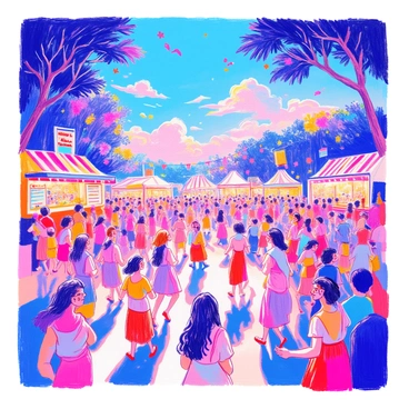 A festival scene features a lively crowd gathering in a large open space. The sky is filled with vibrant lights in various colors, illuminating the area. Groups of people are dancing and enjoying the festivities, each person surrounded by a distinct, colorful aura that reflects their energy. Some attendees are wearing decorated costumes, while others have face paint in bright colors. There are food stalls in the background offering a variety of snacks, and decorations hanging from trees add to the festive atmosphere.