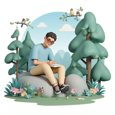 A scholar, wearing round glasses, a light blue shirt, and khaki pants, is sitting on a large rock with a notebook in hand. The scholar is focused, writing down notes, with a thoughtful expression on their face. Surrounding the scholar, the lush green forest is filled with tall trees, vibrant leaves, and colorful wildflowers. A variety of wildlife is present; a curious deer peeks through the bushes, while a couple of birds are perched on branches above, singing. Sunlight filters through the canopy, casting dappled light on the scene.
