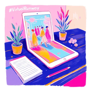 A virtual fashion show being streamed on a tablet with the hashtag #VirtualRunway