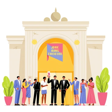 A grand theatre building with an ornate facade, featuring intricate designs and tall columns. Bright lights illuminate the entrance, casting a warm glow. A diverse group of elegantly dressed audience members arrives, including men in tuxedos and women in evening gowns. Some are chatting excitedly, while others are taking selfies in front of the theatre. Colorful banners hang above the entrance, announcing the night’s performance. Lush greenery and decorative planters frame the scene, enhancing the vibrant atmosphere.