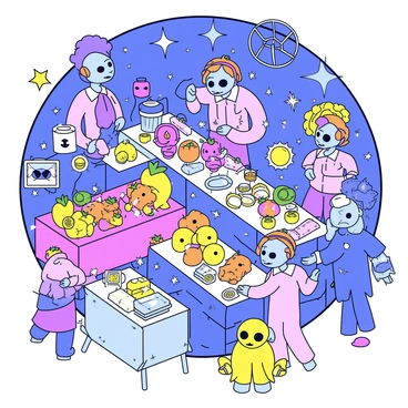 A bustling intergalactic market scene filled with various alien species. The market features colorful stalls displaying unusual goods such as glowing fruits, strange artifacts, and shimmering textiles. Aliens of different shapes and sizes are actively engaged in trading, some are exchanging items while others are examining products with curiosity. The background is filled with twinkling stars and futuristic architecture, creating an atmosphere of lively commerce and cultural exchange.