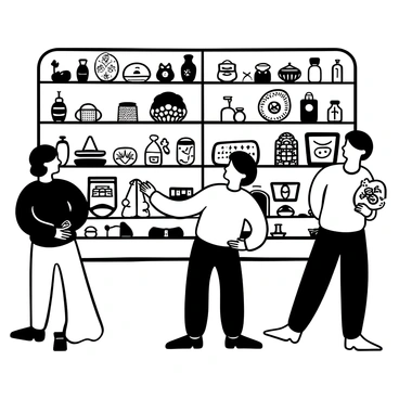 Tourists browsing through colorful souvenirs and local crafts at a customs gift shop.
