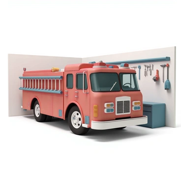 A bright red fire engine parked inside a tidy garage, with polished chrome details reflecting the light. The fire engine has ladder racks on either side, and hoses coiled neatly on the back. On the walls of the garage, various tools are hanging, including wrenches, drills, and a fire axe, all organized in a systematic manner. The floor is clean and well-maintained, showcasing a practical workspace with a small workbench in the corner.