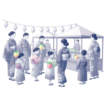 A group of people dressed in traditional Japanese kimonos is gathered at a festival. Each kimono features intricate patterns, with some adorned in floral designs and others in geometric shapes. The individuals vary in age, with children holding colorful paper lanterns and adults engaging in conversation. Some people are participating in traditional dance, with flowing movements that showcase the fabric of their kimonos. The setting includes wooden stalls displaying food and handmade crafts, while paper lanterns hang above, adding to the festive atmosphere.