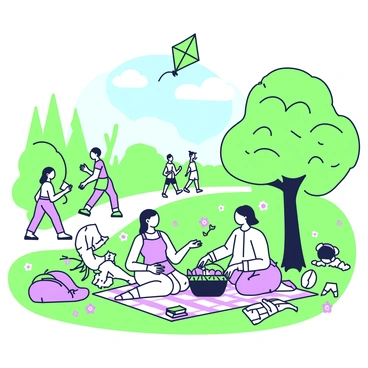 A park setting filled with lush greenery and blooming flowers. In the foreground, a group of people dressed in chic casual wear is sitting on a checkered blanket. Two women are sharing a picnic basket filled with fruits, while a man is reading a book. Nearby, a child is flying a kite, the kite soaring high against a clear blue sky. In the background, trees with dense foliage provide shade, and a walking path is visible where joggers and walkers are enjoying the day.
