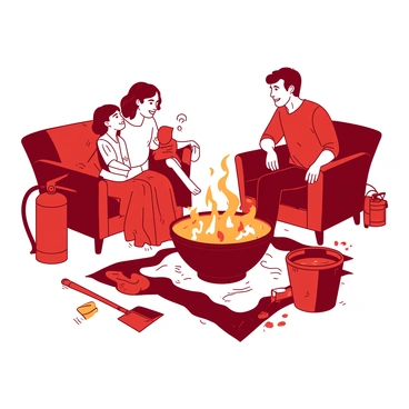 A red family is gathered around a warm orange fire pit in the backyard, enjoying a cozy evening. The parents are seated on comfortable chairs, while two children are sitting on a blanket spread on the grass. The fire pit is surrounded by tools for safety, including a shovel and a fire extinguisher placed on the ground nearby. A large bucket filled with water sits beside the pit, ready for use. The family is smiling and engaging in conversation, clearly enjoying their time together while prioritizing fire safety.