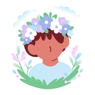 A child is wearing a floral crown made of "flannel flowers." The crown is vibrant and intricately woven, with clusters of "white and purple flowers" accented by soft green leaves. The child has short hair and is dressed in a simple "light-colored shirt." The setting is a lush green field with various "wildflowers" scattered around, enhancing the natural theme of the scene. A gentle breeze causes the flowers to sway slightly, adding movement to the image. Above the child, a light pastel sky adds a soft gradient backdrop.