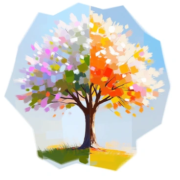 An illustration depicting a tree showcasing its transformation through the four seasons. In the spring section, the tree is adorned with delicate pink and white blossoms, surrounded by fresh green grass. Moving to summer, the tree is full of lush green leaves, casting dappled shadows on the ground. In the fall portion, the leaves turn vibrant shades of orange, red, and yellow, some fluttering gently to the ground. Finally, in the winter segment, the tree is bare, its branches covered with a thick layer of sparkling white snow, with a serene blue sky in the background.