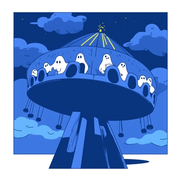 A duotone illustration features a dark blue creepy carnival ride with dilapidated, colorful seats. Ghostly figures, shrouded in a misty white haze, can be seen seated in the ride, their forms half-transparent. Above the ride, flickering yellow lights cast eerie shadows, creating a haunting atmosphere. The background showcases a night sky filled with deep blue clouds, enhancing the ominous feel of the scene. The carnival ride stands in the foreground, towering against the dark setting.