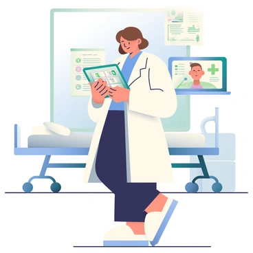 A doctor with light skin and short brown hair is standing in a modern hospital room. She is wearing a white lab coat over a blue shirt and black trousers. The doctor is focused on a tablet in her hands, which displays a secure transmission screen with green indicators. Behind her, there are medical charts and a monitor showing patient data. A large window lets in natural light, casting a soft glow on the scene. In the background, a hospital bed is neatly made, and medical equipment is arranged nearby.