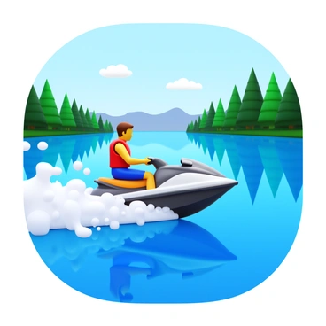 A person wearing a bright red life jacket is riding a sleek jet ski across a pristine lake. The jet ski is spraying water droplets as it cuts through the crystal-clear blue water, creating a dynamic wake behind it. The rider is leaning forward, with wind rushing past, showcasing the thrill of high speed. In the background, there are lush green trees and distant mountains reflecting in the calm surface of the lake. The sky is clear with a few scattered white clouds.