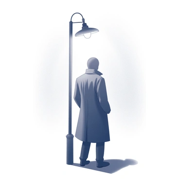 A shadowy figure stands beneath a streetlamp, partially illuminated by the light. The figure is wearing a long trench coat, which drapes down to the mid-calf, creating an enigmatic presence. The collar of the coat is turned up, adding to the sense of mystery. The silhouette casts a dark shape on the ground, contrasting with the brightness of the streetlamp's glow. The surrounding area is dimly lit, enhancing the atmosphere of intrigue and secrecy.