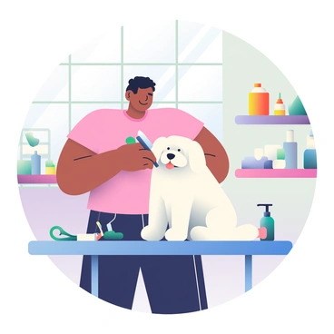 A person with light brown skin and short black hair is gently grooming a fluffy white dog in a pet salon. The person is wearing a soft pink t-shirt and dark jeans. The dog, with a fluffy coat, is sitting on a grooming table, looking content. Surrounding them are various grooming tools, including a pair of scissors, a brush, and a bottle of shampoo. The walls of the salon are painted a light pastel color, and there are shelves in the background filled with pet care products and toys. A large window lets in soft natural light, enhancing the warm atmosphere of the salon.