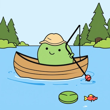A cute cartoon cell with a smiling face, wearing a tiny fishing hat, is sitting on a small wooden boat. The boat is floating on a calm lake with gentle ripples in the water, reflecting the clear blue sky above. The cell is holding a fishing rod with a bright red bobber, patiently waiting for a fish to bite. Around the boat, there are green lily pads and a few colorful fish swimming beneath the clear water. In the background, tall green trees line the shore, providing a sense of tranquility and isolation, far from any divisions.