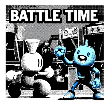 Cuphead and Mugman are engaged in a dynamic battle within an arcade-style game environment. Cuphead, with his distinctive cup-shaped head and straw, is positioned on the left, ready to launch an attack. Mugman, with his blue cup and matching straw, is on the right, preparing to counter. The scene features various arcade elements in the background, such as neon lights, pixelated graphics, and retro game cabinets. Both characters exhibit intense expressions, and there are visual effects indicating movement and energy. "BATTLE TIME" is prominently displayed above them in bold letters.