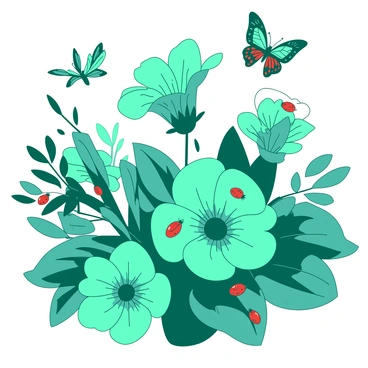 A teal garden filled with large, vibrant flowers in various shapes and sizes. Among the flowers, several red ladybugs are crawling on the petals, while colorful butterflies with intricate patterns are fluttering around. The scene captures the movement of the insects as they interact with the flowers, creating a lively and dynamic atmosphere. Some flowers are fully bloomed, displaying their vivid colors, while others are still budding. A gentle breeze can be implied by the way the flowers sway slightly, enhancing the sense of a serene garden environment.