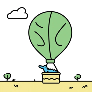 A green crocodile with textured scales is sitting in a wicker basket attached to a hot air balloon. The balloon is shaped like a giant green leaf, with intricate vein patterns visible on its surface. Below, the expansive savannah stretches out, covered in golden grasses and dotted with occasional acacia trees. The sky above is a bright blue with a few fluffy white clouds.