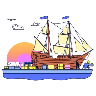 An intricately designed historical ship docked at a bustling port during sunset.