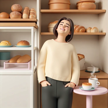 A consumer, a middle-aged woman with shoulder-length brown hair, wearing a cozy cream sweater and dark jeans, is standing in a quaint bakery. She is smiling, with her eyes closed, inhaling deeply as she enjoys the scent of freshly baked bread. The bakery has wooden shelves filled with various types of bread, including baguettes and loaves. A warm light illuminates the space, creating a welcoming atmosphere, while a display case showcases pastries and cakes. A small table nearby holds a steaming cup of coffee and a plate with a croissant.