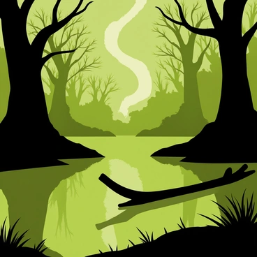 A dark, eerie swamp with murky green water that reflects the overcast sky. Ghostly vapor rises in wispy tendrils from the water surface, creating a haunting atmosphere. Silhouetted trees with twisted branches loom on either side, their reflections blurred in the water. Scattered patches of moss are visible on the ground, adding to the foreboding feel of the scene. A faint outline of a skeletal log drifts near the edge, partially submerged.