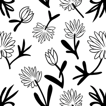 A repeating pattern of "stylized protea flowers" arranged in a seamless design. Each flower is depicted with intricate details, showcasing the unique shape of the petals. The protea flowers are surrounded by "tropical leaves" with distinct outlines. The overall composition creates a harmonious and balanced pattern, emphasizing the natural elegance of the protea flowers and leaves.