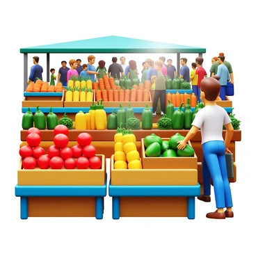 A vibrant farmers market filled with colorful stalls displaying an array of fresh vegetables. A consumer is selecting bright red tomatoes from a wooden crate. Nearby, there are green bell peppers, yellow corn, and orange carrots neatly arranged. The scene includes a backdrop of various market-goers chatting and browsing. Sunlight shines down, illuminating the fresh produce and creating a lively atmosphere.